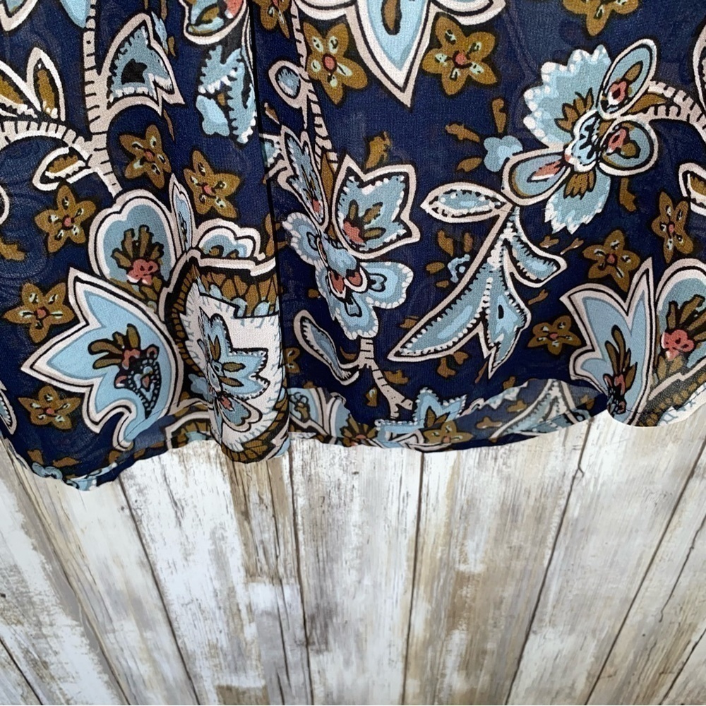 LOFT Blue Paisley Floral Popover Blouse Medium Boho Tunic Top - Picture 2 of 6